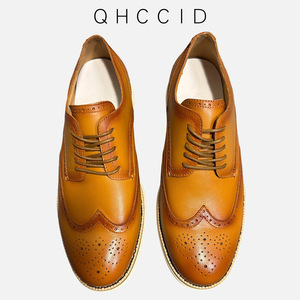 รองเท้าหนังแท้ผู้ชาย Qhccid แบบ Brogue สีน้ำตาลสไตล์เรโทร ส้นเตี้ย เหมาะสำหรับงานแต่งงาน ธุรกิจ หรือใส่ลำลอง มีเชือกผูกด้านหน้า - Product Image 1