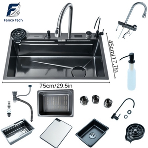 Premium Siyah PVD Çizilmez Kabartmalı Dijital Şelale Tezgah Lavabosu Entegre Bıçaklık Akıllı Panel Fabrikadan Doğrudan - Product Image 1