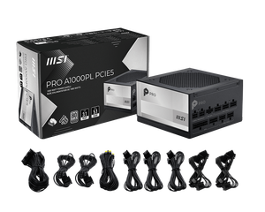 ใหม่แกะกล่อง <span class=keywords><strong>MSI</strong></span> PRO A1000PL PCIE5  ชุดจ่ายไฟแบบ Full Modular 80 PLUS Platinum ATX 3.1&PCIe 5.1  ลดเสียงรบกวน สำหรับคอมพิวเตอร์ตั้งโต๊ะ - Product Image 1