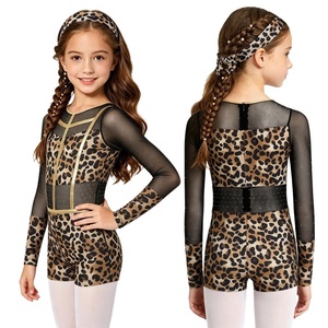 Maillot de gimnasia para niñas con estampado de leopardo, malla, manga larga, ribete dorado, brillante, con diadema para gimnasia acrobática, personalizado - Product Image 2