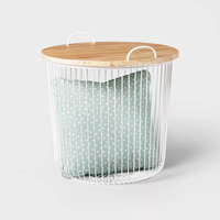 Panier de rangement rond en fil métallique amovible pour la maison, avec couvercle en bois d'acacia, écologique