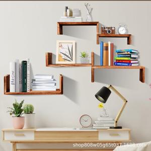 Lingyue25627 Solid <b>Wood</b> Wall Mounted Shelf 5 Tier Rectangle Nordic Style Storage Rack Retro Color <b>Partition</b> Bookshelf - Product Image 2