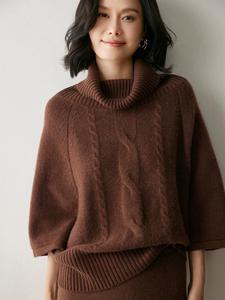 Maglione Poncho da <span class=keywords><strong>Donna</strong></span> in Cashmere <span class=keywords><strong>Marrone</strong></span> a Collo Alto con Lavorazione a Trecce - Product Image 2