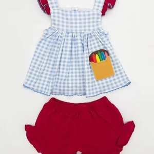 GSSO3101 CUSTOM Ensemble de tenues décontractées sans manches pour petites filles, imprimé à carreaux bleus, toutes saisons, vente en gros - Product Image 1