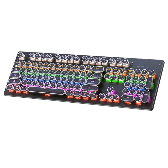 Punk Round Retro Keycap Backlit USB Wired English for PC Laptop Gaming Mechanical Keyboard