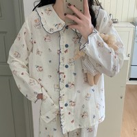 Ensemble de pyjama à col volanté, motif dessin animé, manches longues, vêtements de nuit respirants en coton, tenue de détente pour femmes