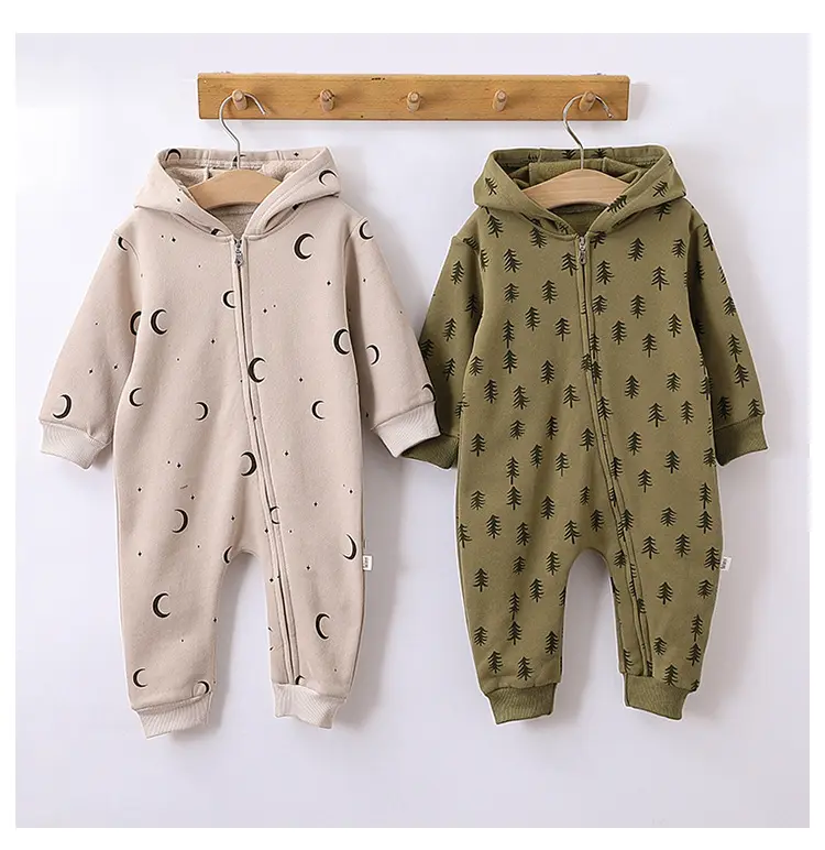 Custom Print Infant Toddler Zipper Jumpsuit Long Sleeve French Terry Unisex Hooded Bodysuit