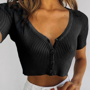 2020 nuevo Color sólido Botón de manga corta de mujer Ribbed Crop Top 2020 mujeres camiseta - Product Image 4