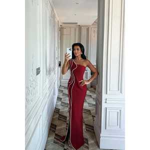 Vestido de Noche Borgoña Orson con Abertura Alta, Estilo Vestido de Gala, Cintura Imperio, Decoración Floral 3D y Perlas para Fiestas, Talla XS - Product Image 3