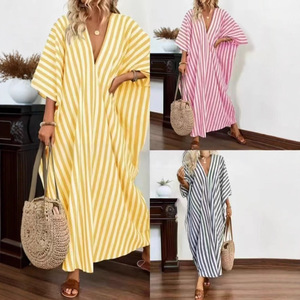 En stock, <span class=keywords><strong>robe</strong></span> élégante pour femmes, style décontracté européen et américain, ample, col en V profond, longue, rayée, antistatique - Product Image 4
