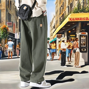 Nuevos estilos para hombre, ropa de trabajo de primavera y otoño, pantalones de estilo americano de calle alta, pierna ancha, medio plano, suelto, recto, cintura elástica pura - Product Image 2