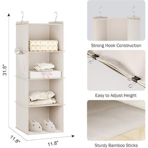 Organisateur de placard suspendu à 4 étagères en tissu beige pour rangement derrière la porte, fixation murale, pour un rangement bien rangé - Product Image 3