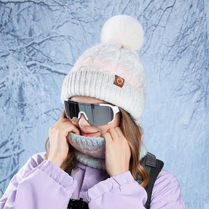 Wholesale Winter Thick <strong>Fleece</strong> <strong>Lined</strong> Knit <strong>Bobble</strong> <strong>Hat</strong> and Neck Warmer Scarf Set for Women - Product Image 5