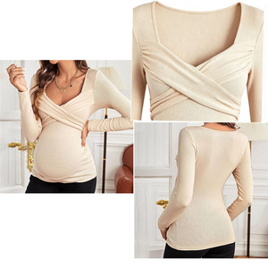 Haut de maternité uni à encolure cœur et manches longues, extensible, en Spandex/Coton, adapté à l'allaitement - Product Image 2