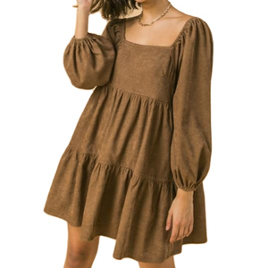 New Design Corduroy Mini <strong>Dress</strong> Featuring square Neckline <strong>Peasant</strong> Sleeve Tiered Body Patchwork Woman <strong>Dress</strong> - Product Image 5