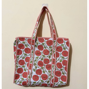 Bolso Tote de Algodón Acolchado con Diseño de Flor Roja, Estilo Moderno, Bolso de Mano Personalizado Hecho a Mano, Bolso de Hombro para Venta al Por Mayor - Product Image 1