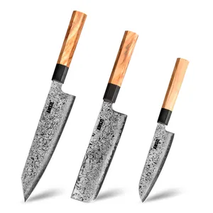 Amszl 3 Pieces Set Of Japanese Style Kitchen Knives Olive Wood Handle Damascus Knife Set For Kitchen