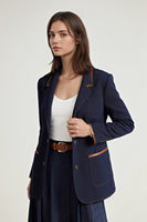 Blazer bleu marine avec garniture marron femmes veste à revers simple boutonnage élégant poches plaquées bureau vêtements d'extérieur décontractés