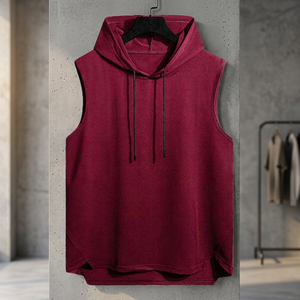 Camiseta sin mangas con capucha para hombre, color sólido, informal, de punto, roja - Product Image 3