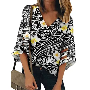Chic and Stylish Polynesian tribal style Printing V Neck Batwing Sleeve Tunic Blouse Loose Fit Casual Shirts Chiffon Summer Tops