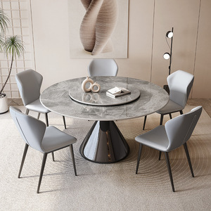 Table à manger moderne de style italien simple et luxueux en marbre, 4-6 places, design plateau en pierre, plateau tournant, base en métal, pour salle à manger. - Product Image 3