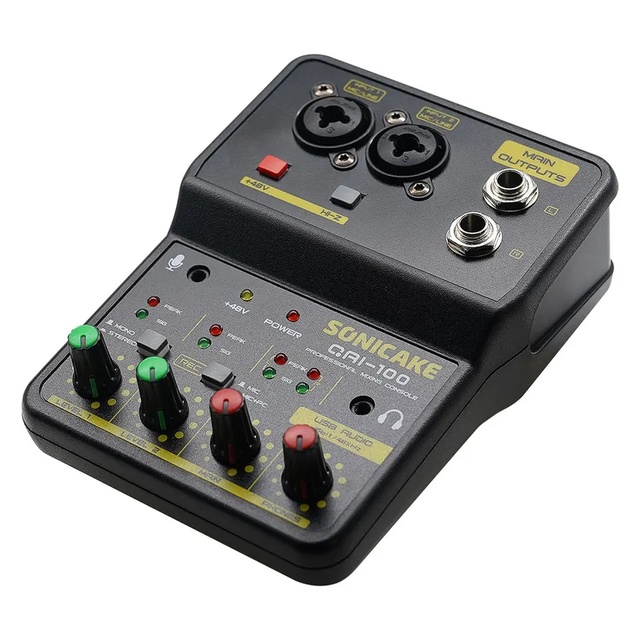 SONICAKE 2-Channel Mini Audio Mixer Sound Card DJ Studio Music Recording Home Karaoke PC Compatible Mixing Console QAI-100 Made