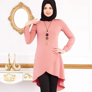 Hot Sale Latest Design Long Sleeve Tops for Women Muslim Casual Blouse in Spandex Material Basic Style above Knee Length
