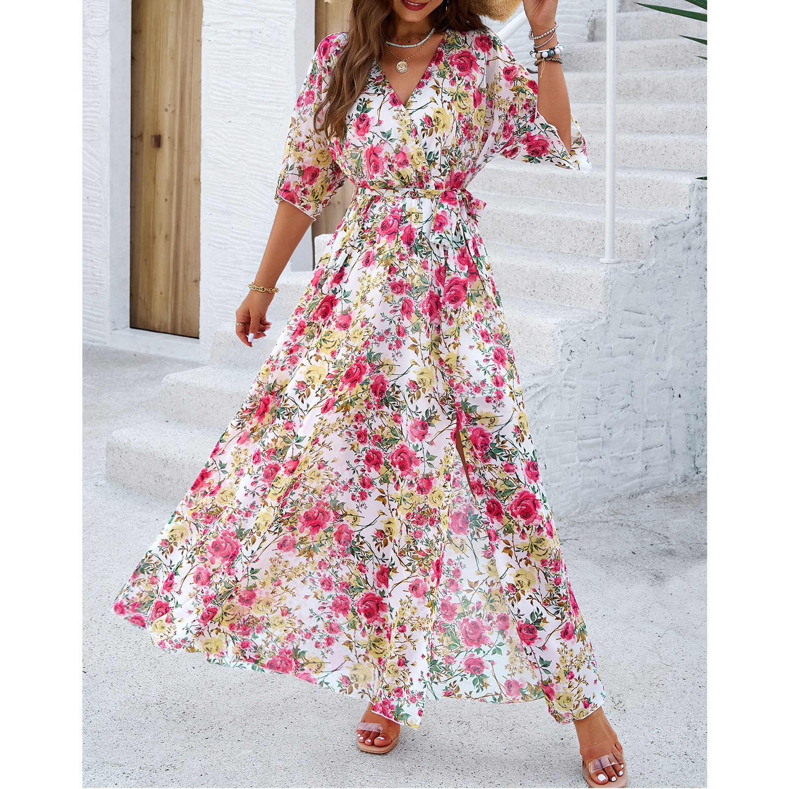 sachin and babi light blue dress Elegant Mock Neck Cloak Sleeve Chiffon Formal Dress – Elonnashop main image 1