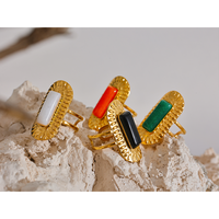 Bague ouverte géométrique carrée JINYOU 1513 en acier inoxydable avec pierres noires, rouges, blanches et vertes, ajustable, tendance, bijou doré