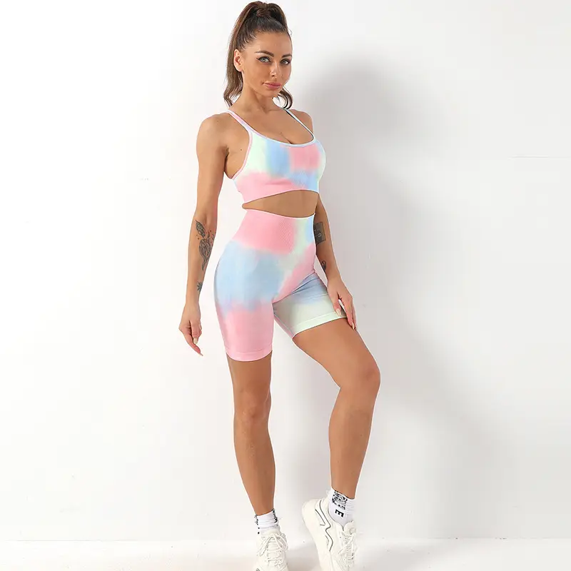 2021 Vrouwen Naadloze Tie Dye Yoga Set Fitness Sport Gym Workout Past Hoge Taille Shorts Workout Broek 2 Stuks Set dragen