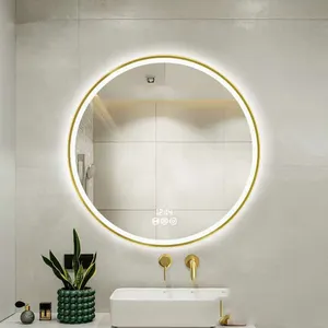 现代豪华酒店浴室50 60 70 80 90 100厘米装饰仿古金金属框架圆形壁镜
