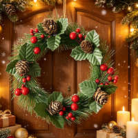 Guirlande de Noël artificielle en aiguilles de pin vertes avec baies rouges et cônes de pin pour porte d'entrée, mur, intérieur, extérieur, Noël