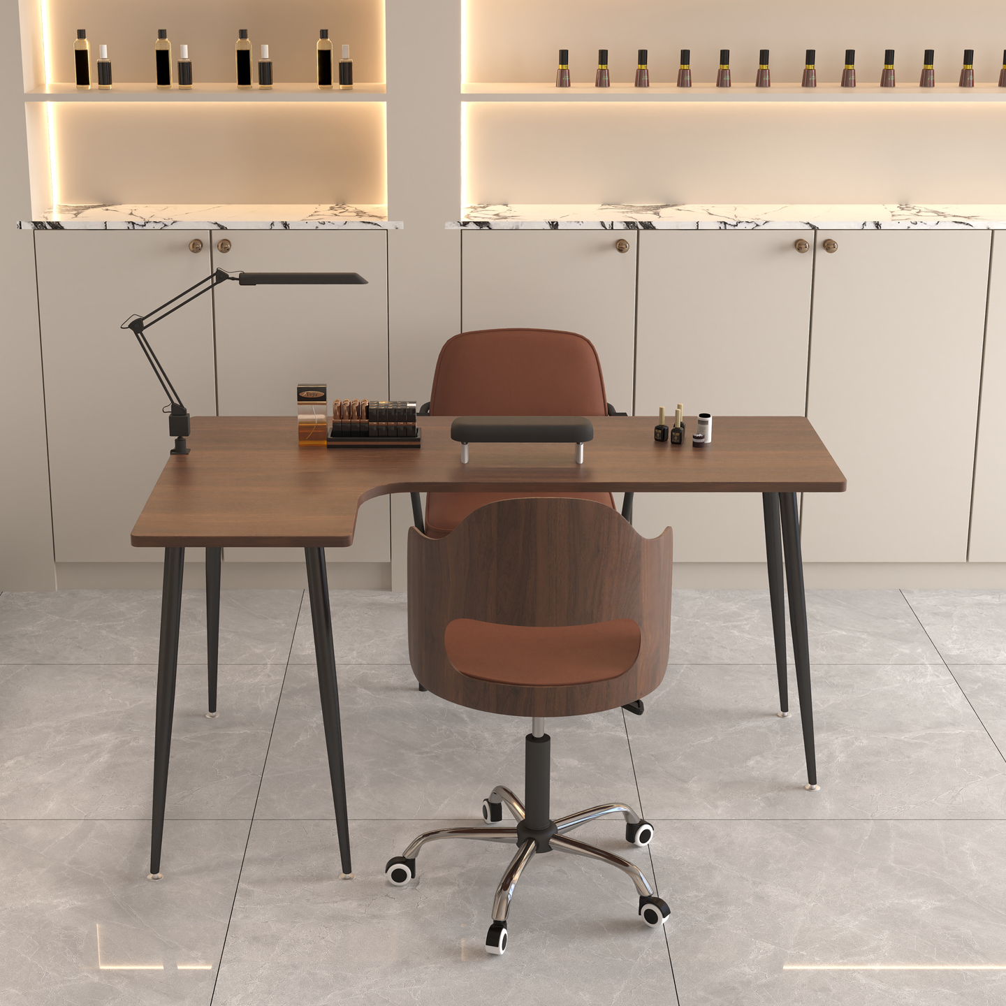 Table d'angle gauche 120 cm + 1 chaise roulante + 1 chaise marine