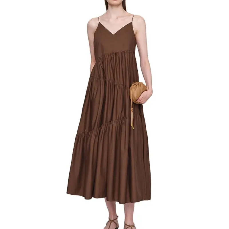 थोक लेडी वी-गर्दन ठोस रंग बिना आस्तीन की महिलाओं की आरामदायक ग्रीष्मकालीन सुरुचिपूर्ण स्लिप मैक्सी ड्रेस