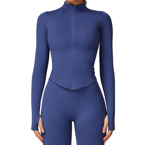 DWT7725 Women's Stand-Up Collar Zip-Up <b>Yoga</b> <b>Jacket</b> Solid Color Seamless Knitted Nylon-Spandex Fitness Top - Product Image 1