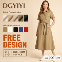 Robe Midi en Coton 200 GSM pour Femme, Col Chemise, Manches Courtes, Ceinture et Poches, Logo Personnalisé, OEM, Vente en Gros