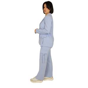 Women's Pants Sky Blue High Waist Cargo Wide Leg <b>Trousers</b> With Side Pockets And <b>Drawstrings</b> For Casual Wear - Product Image 4