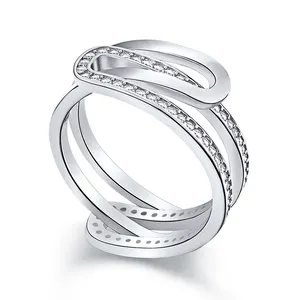 Dylam Modern Punk style Elastic 925 Sterling Silver Shiny White Zirconia Hollow C Shaped Double Layers Adjustable Ring