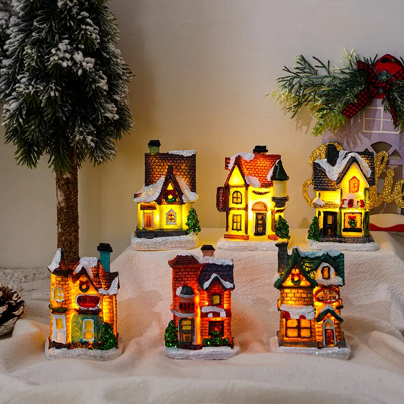 2022 Hot Selling Christmas Desktop Ornaments Building LED Lighted Christmas Village Houses Decoration