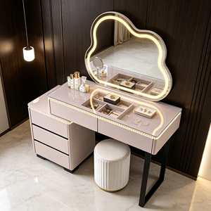 Coiffeuse rose moderne avec miroir LED en forme de nuage, meuble de rangement et tabouret pour chambre à coucher - Product Image 5