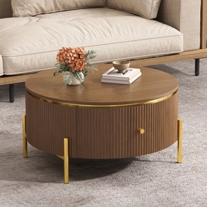 Modern <b>Round</b> Coffee <b>Table</b> with 2 Large Drawers Storage Eco-Friendly Durable Brown 31.5" Living Room Furniture - Product Image 4