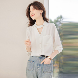 White Women's Shirt Long Sleeve Solid Color Poplin Work Blouse Simple Style - Product Image 1
