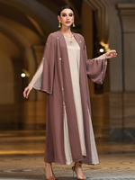 Elegante Muslimische Abaya mit Perlen und Blumenmuster, Netzstoffeinsatz und Weiten Ärmeln, Bescheidener Langer Mantel für den Nahen Osten