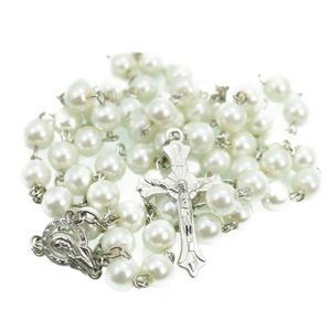Collier chapelet imitation perles 8mm avec pendentif croix unisexe, chaîne de pull, plusieurs couleurs, bijou cadeau - Product Image 5