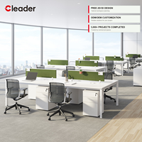 Système de bureau modulaire commercial à plan ouvert, avec pieds en métal blanc pur en forme de O, cloison en tissu et meuble de rangement.