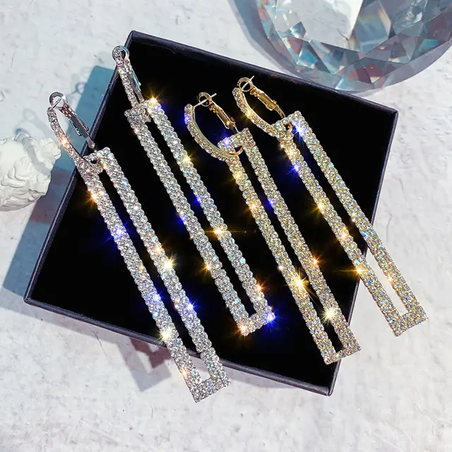 Fashion Long Geometric Drop Luxury Rhinestone Rectangle Crystal Clip On Earrings For Women