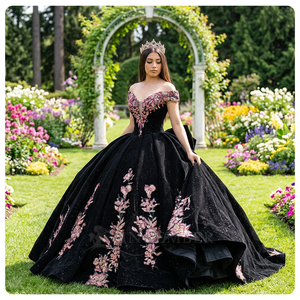 Vestidos de Quinceañera Dy6963, Estilo Princesa, con Apliques de Cuentas, Chifón, 100% Algodón Natural, Color Negro - Product Image 1