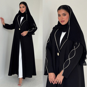 Conjunto de Kaftán Dubai con Bordado Intenso, Bata Premium con Botones, Cuello en Color Contrastante, Cardigan y <span class=keywords><strong>Pañuelo</strong></span> para la <span class=keywords><strong>Cabeza</strong></span>, Vestido Abaya Marroquí para la Noche - Product Image 6