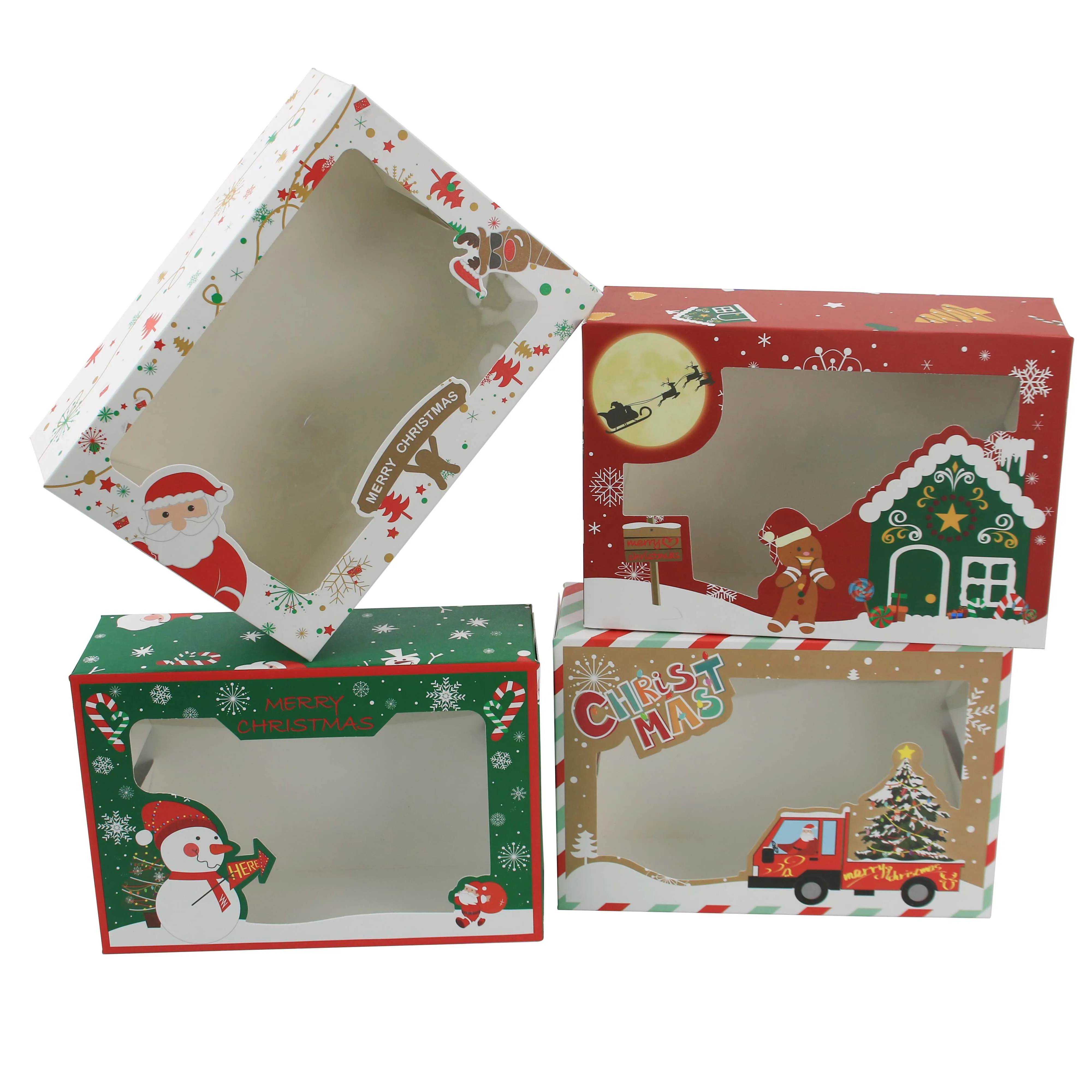 Weihnachts plätzchen boxen Donut-Geschenk boxen Bäckerei box mit klarem Fenster, grünen und roten Weihnachts designs mit Weihnachts bändern als Geschenk