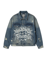 Blouson universitaire en jean épais délavé à l'acide, imprimé étoiles flamboyantes, col montant, style streetwear automne